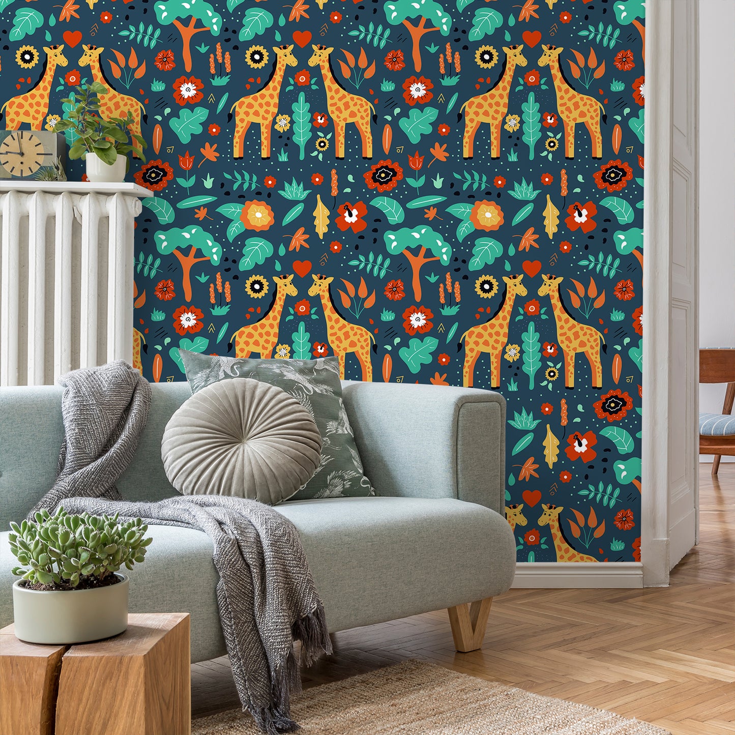 Cartoon Animals Print Nursery Floral Wallpaper