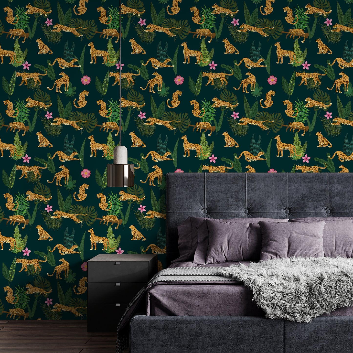 Dark Green Jungle Animal Leopard King Floral Wallpaper