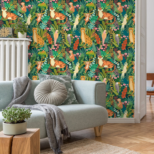 Jungle Animals Nursery Floral Wallpaper