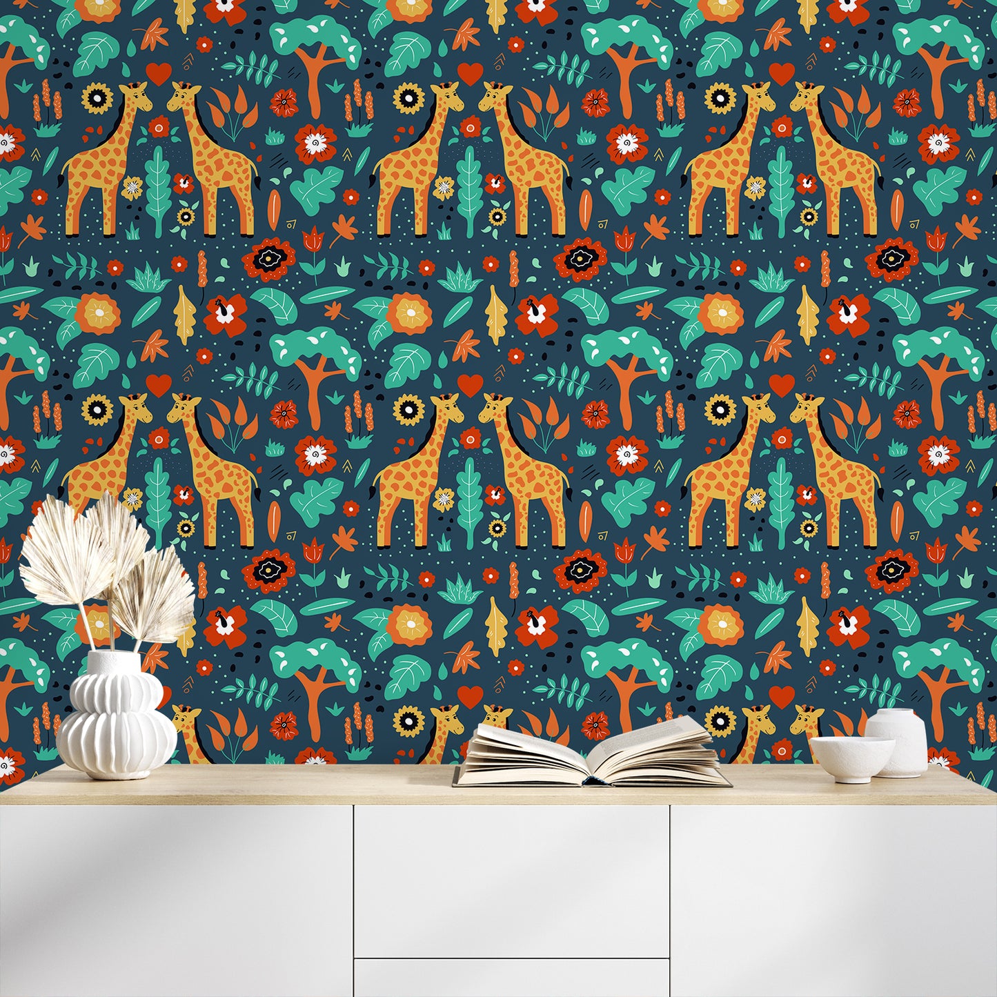 Cartoon Animals Print Nursery Floral Wallpaper