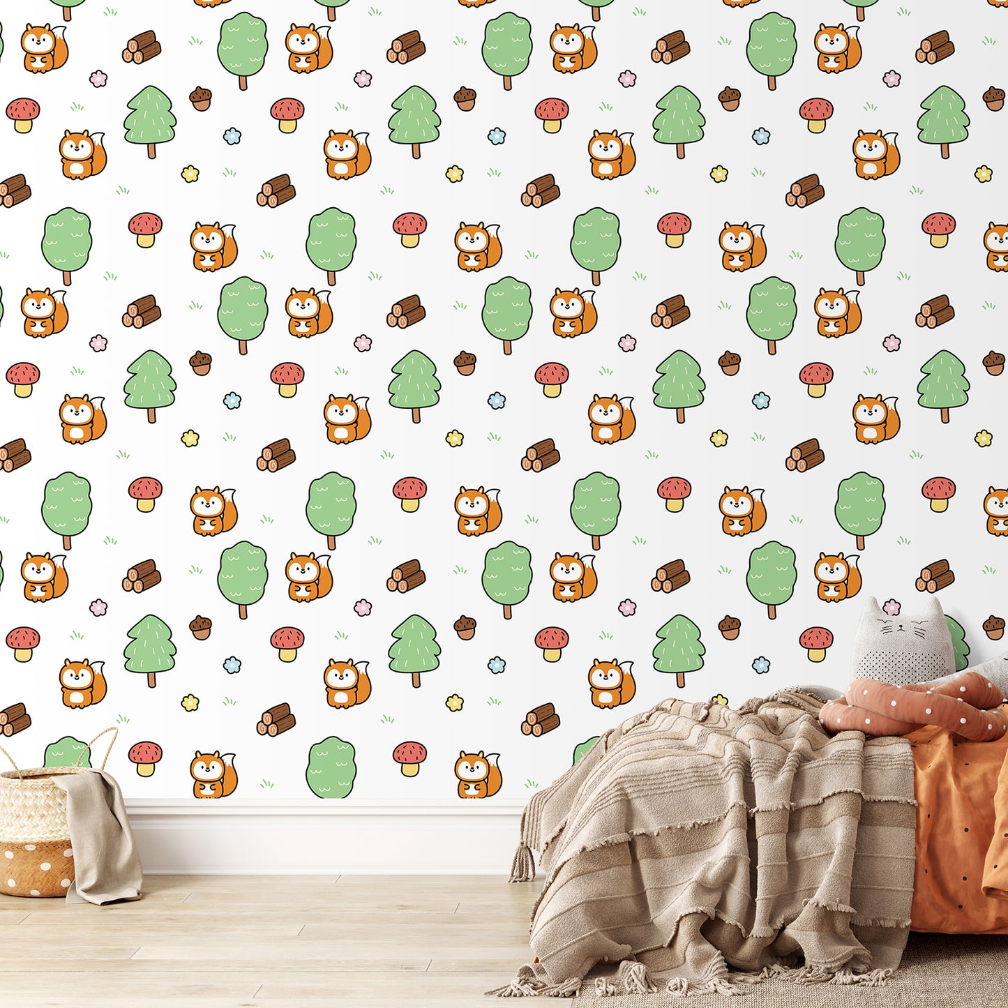 Cute Squirrel Mushroom Nursery Floral Wallpaper