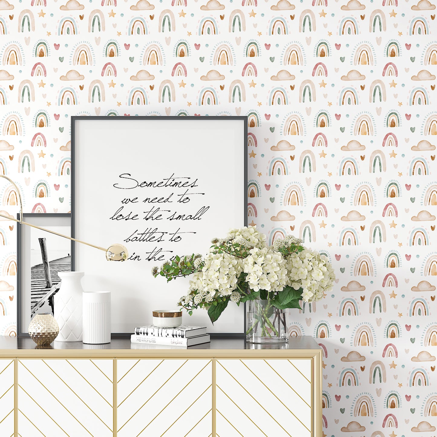 Boho Rainbow Nursery Floral Wallpaper