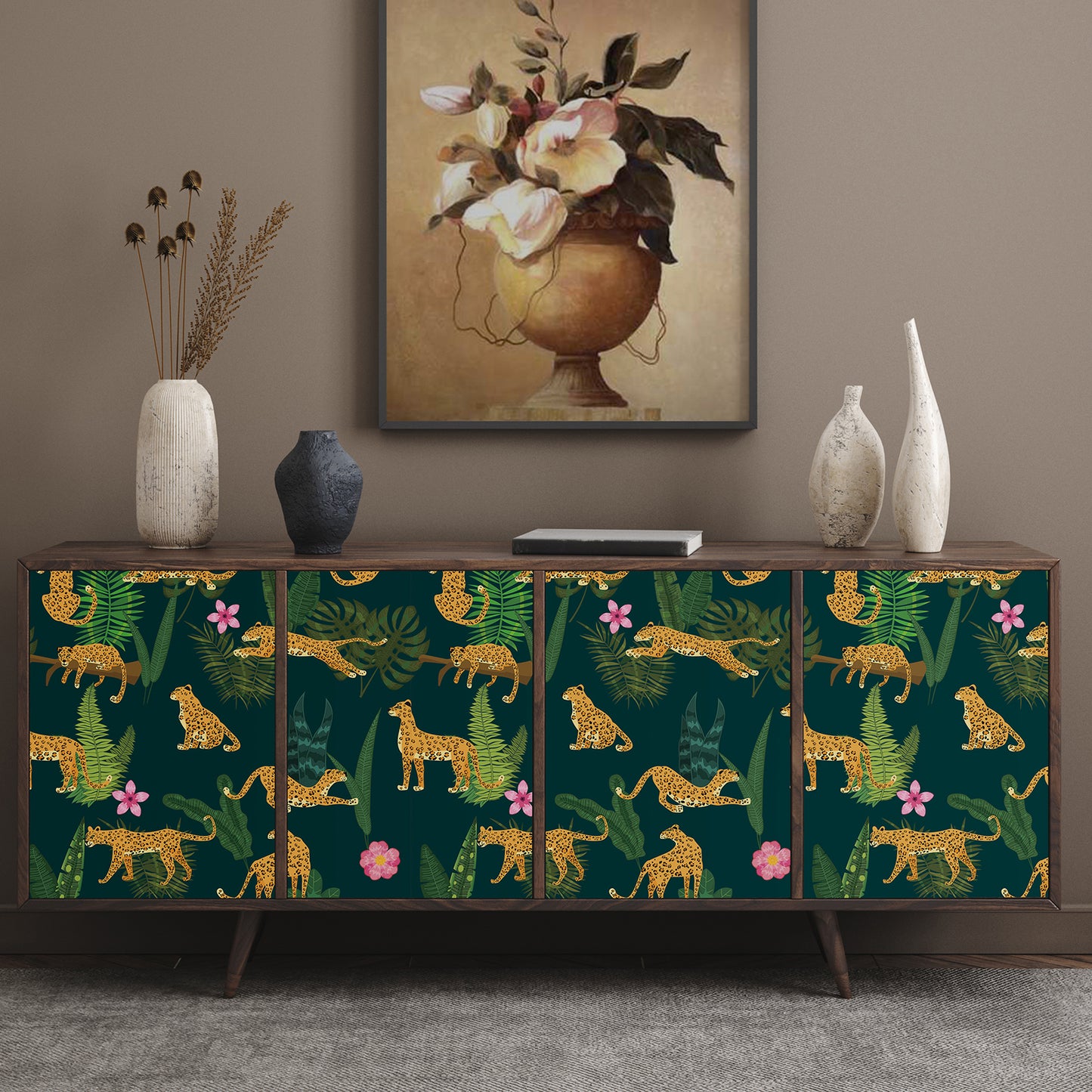 Dark Green Jungle Animal Leopard King Floral Wallpaper