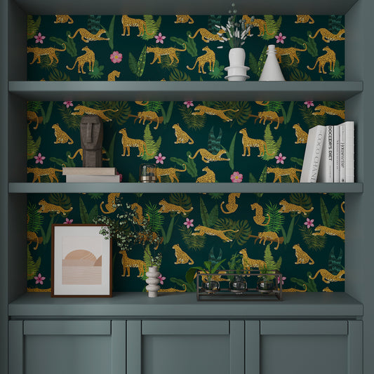 Dark Green Jungle Animal Leopard King Floral Wallpaper