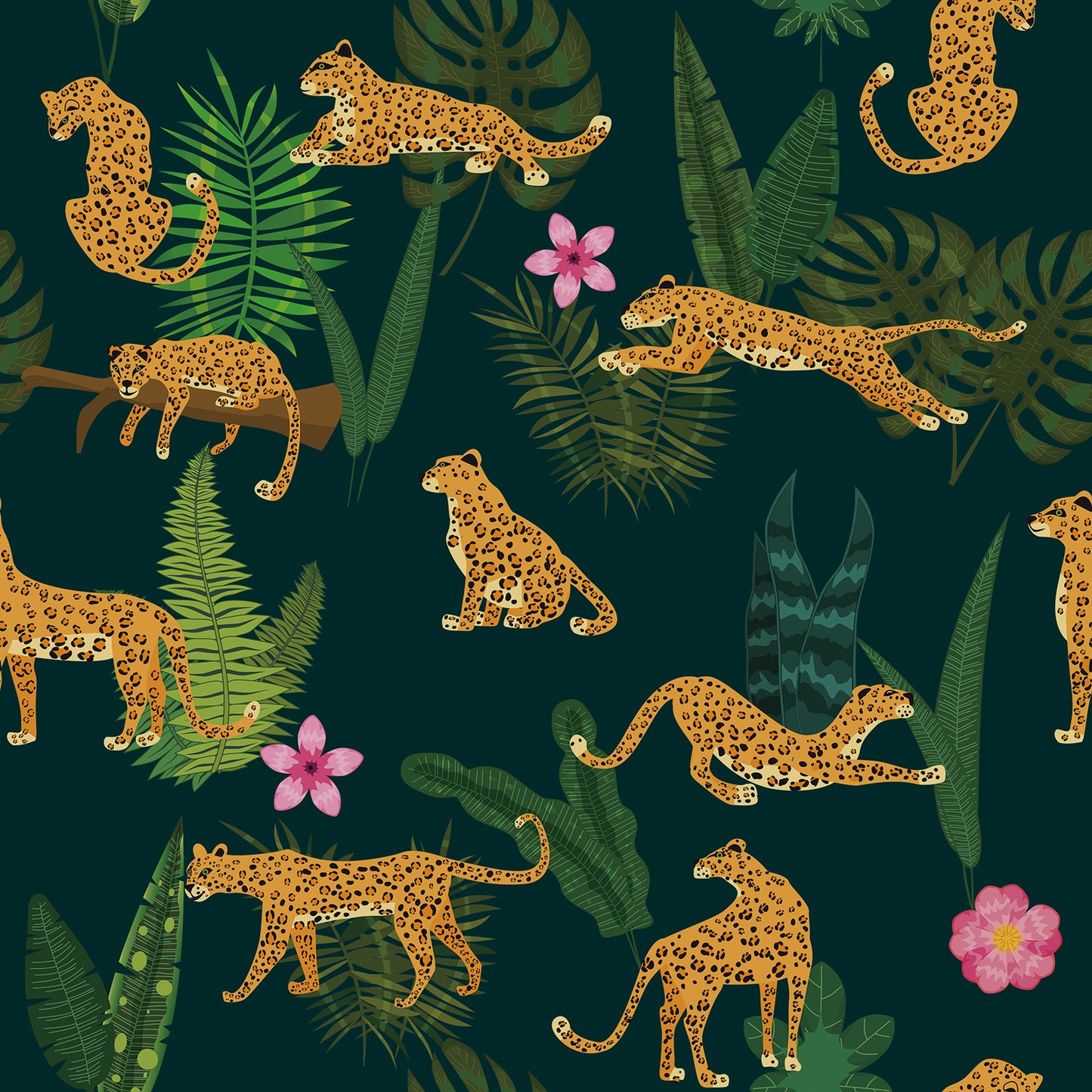 Dark Green Jungle Animal Leopard King Floral Wallpaper