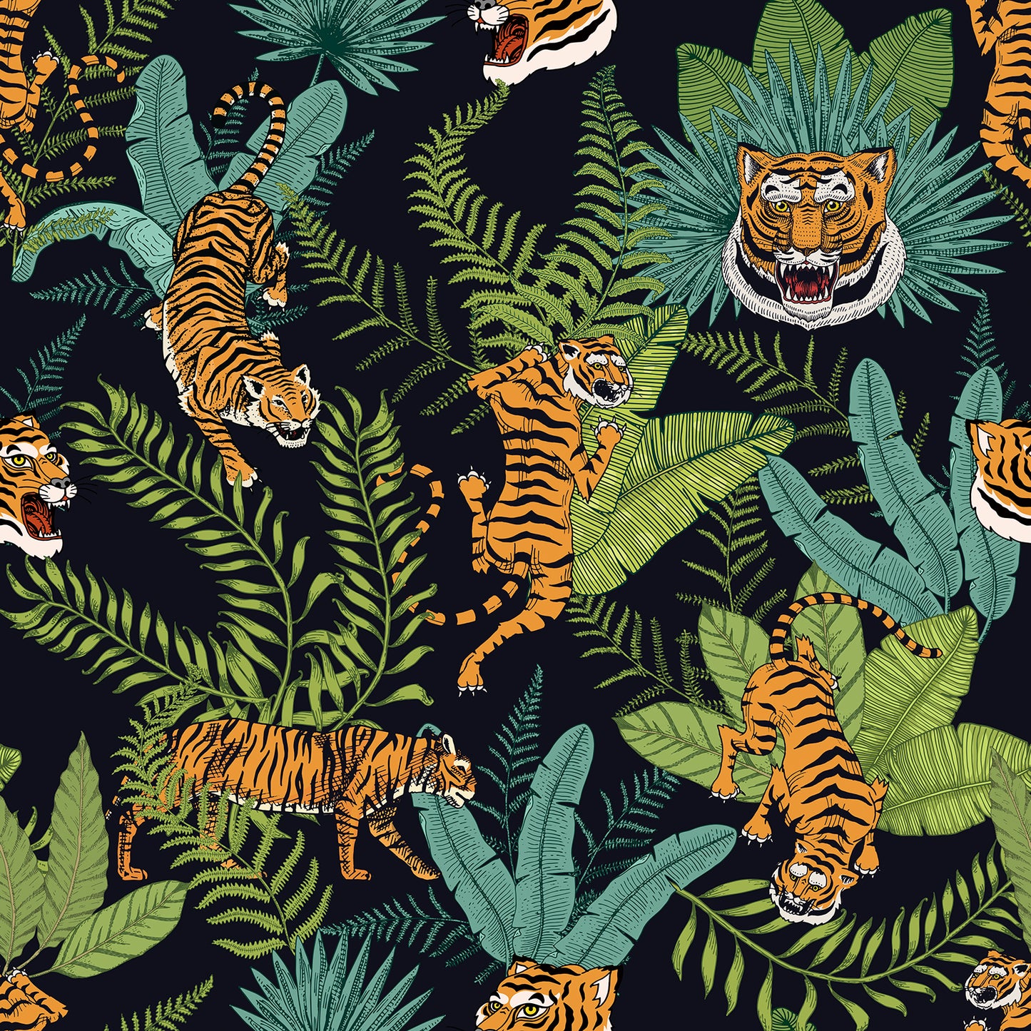 Tropical Forest Tiger Floral Wallpaper