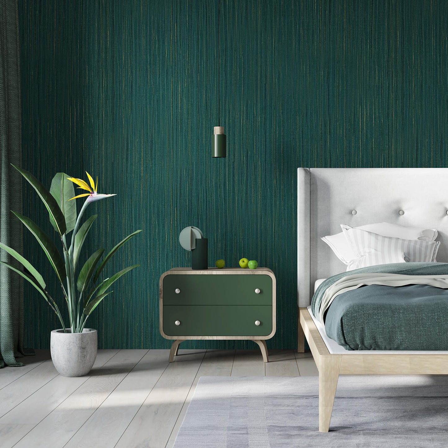 faux-grasscloth-green-accent-wall-paper-for-bedroom