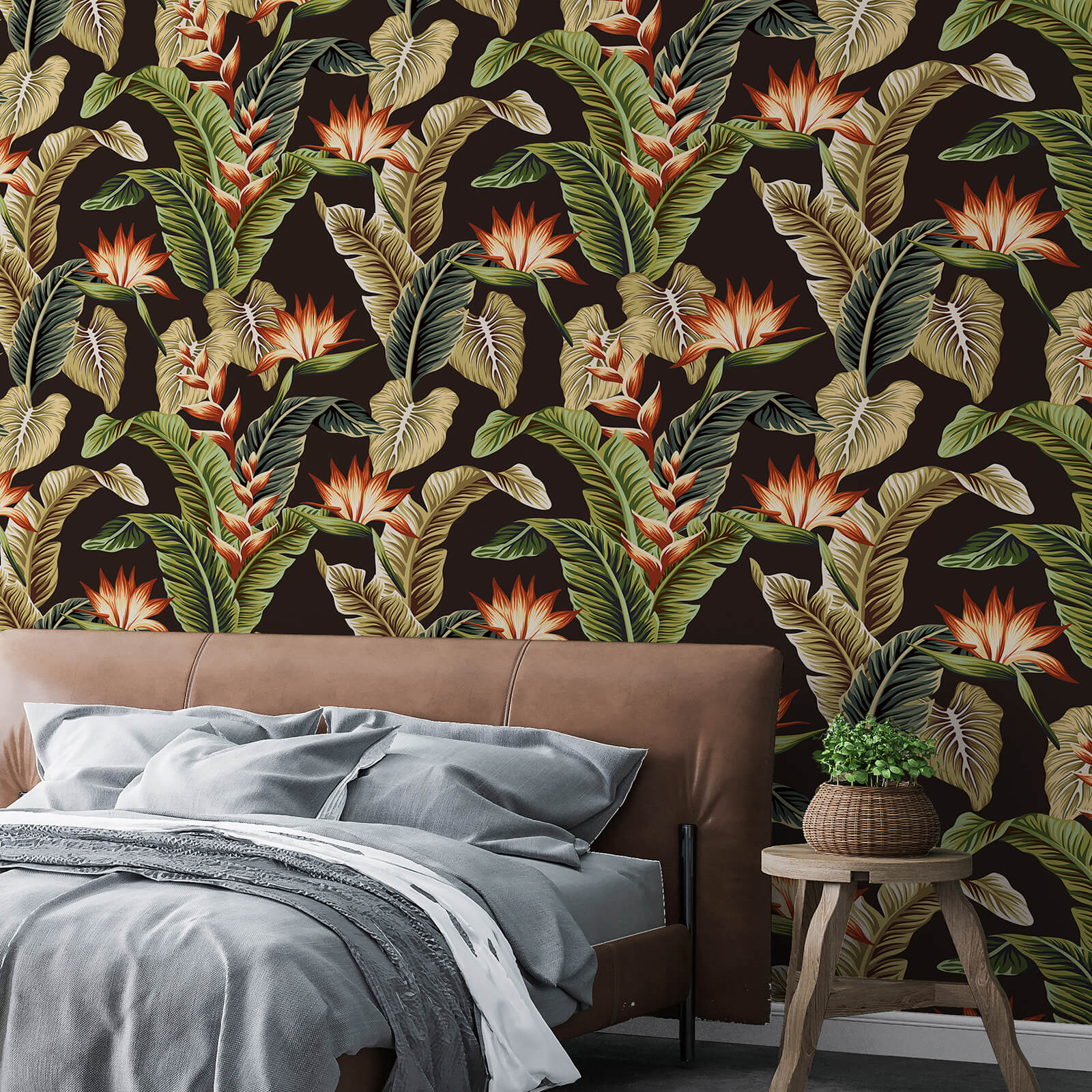    bedroom-accent-wall-covering-with-palm-and-red-flowers