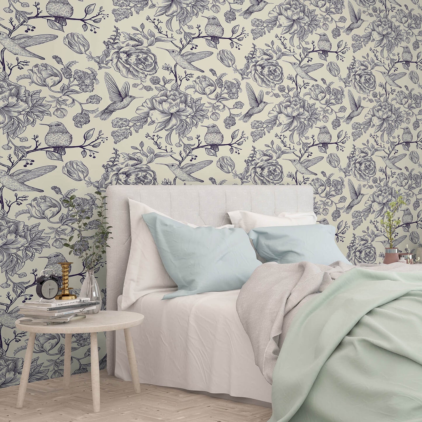 beige-purple-bird-leaf-floral-wallpaper-for-bedroom-accent-wall