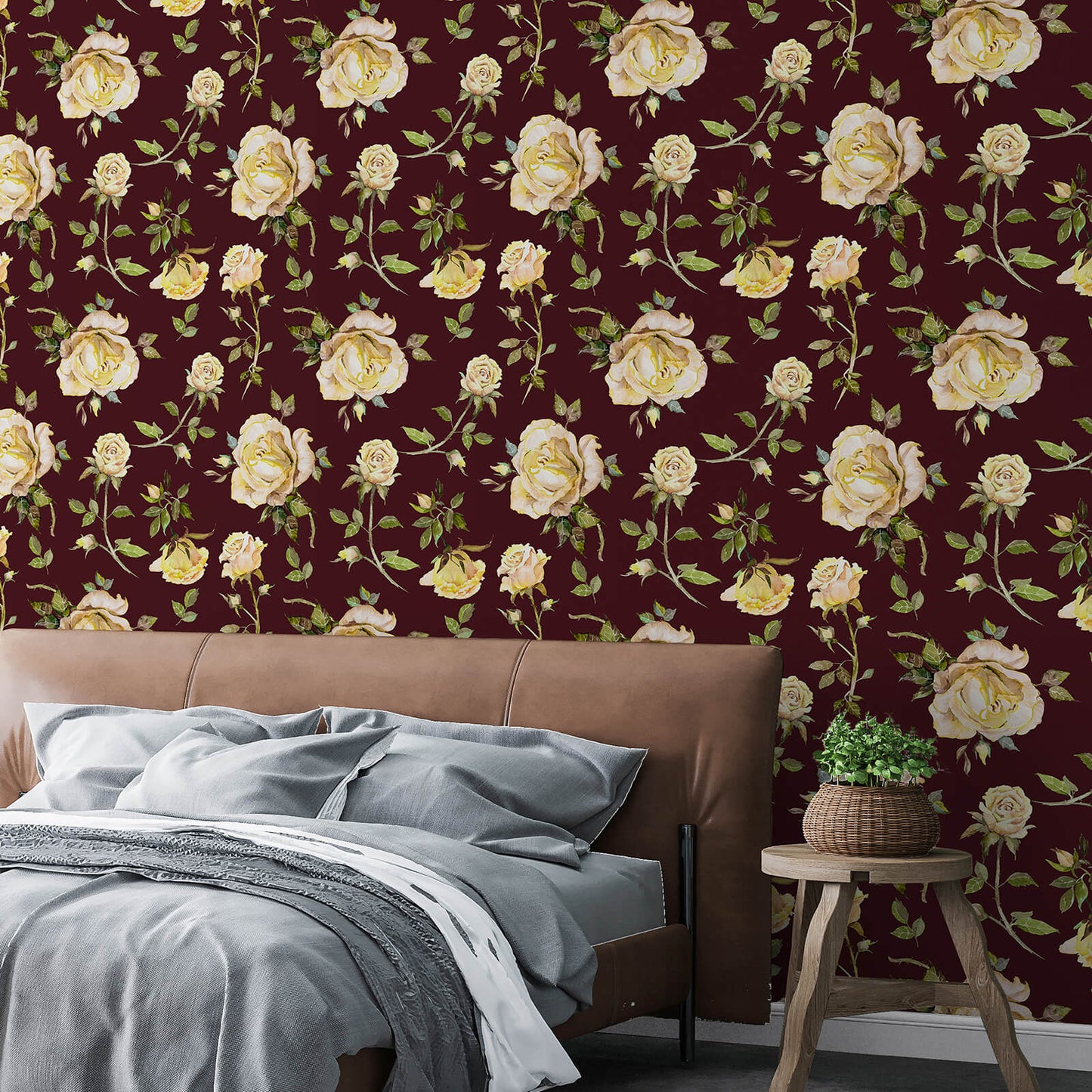     beige-rose-floral-adhesive-badroom-accent-wall-covering