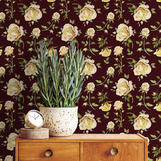     black-background-and-beige-flower-wall-wrap-glue-free