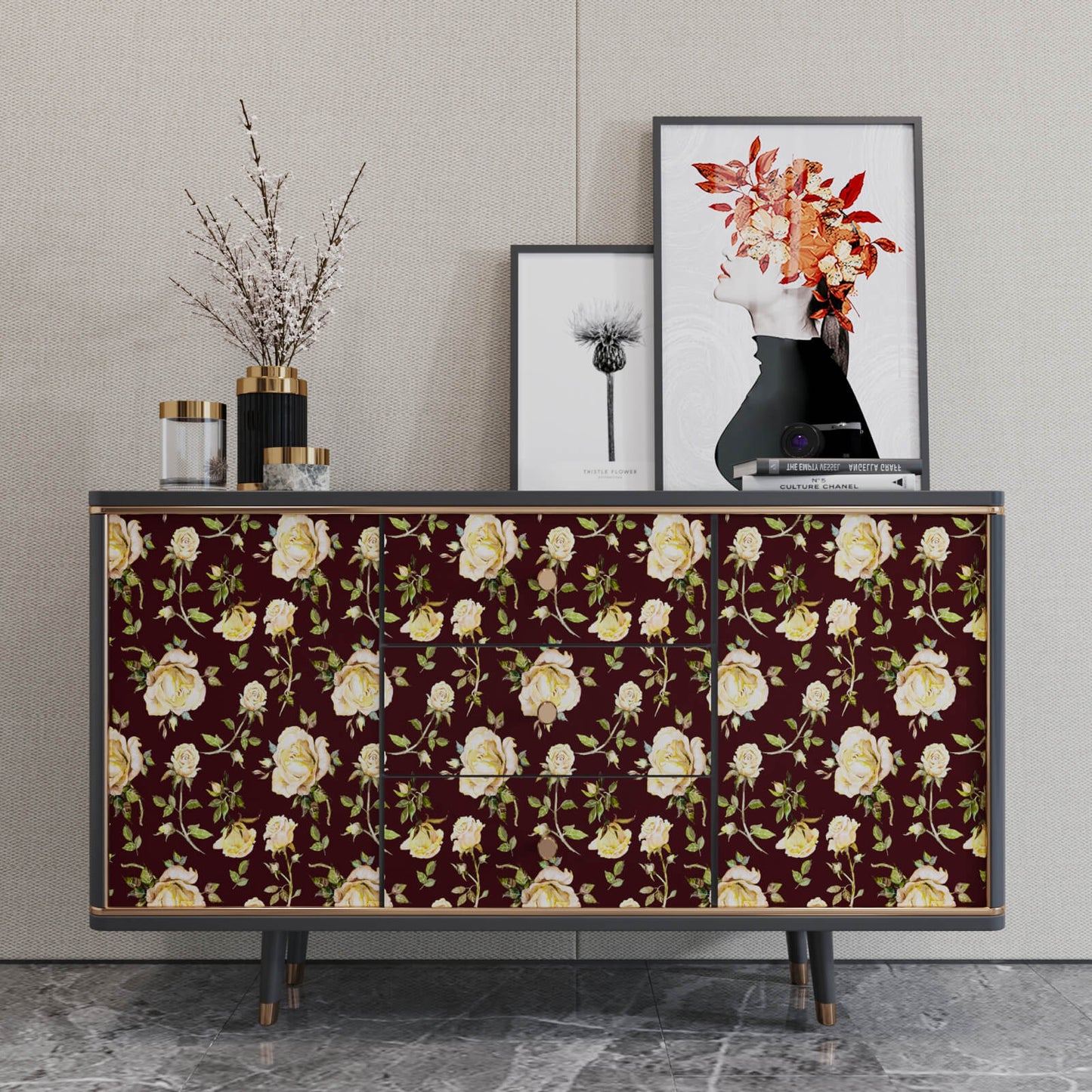    black-floral-contact-paper-for-cabinets