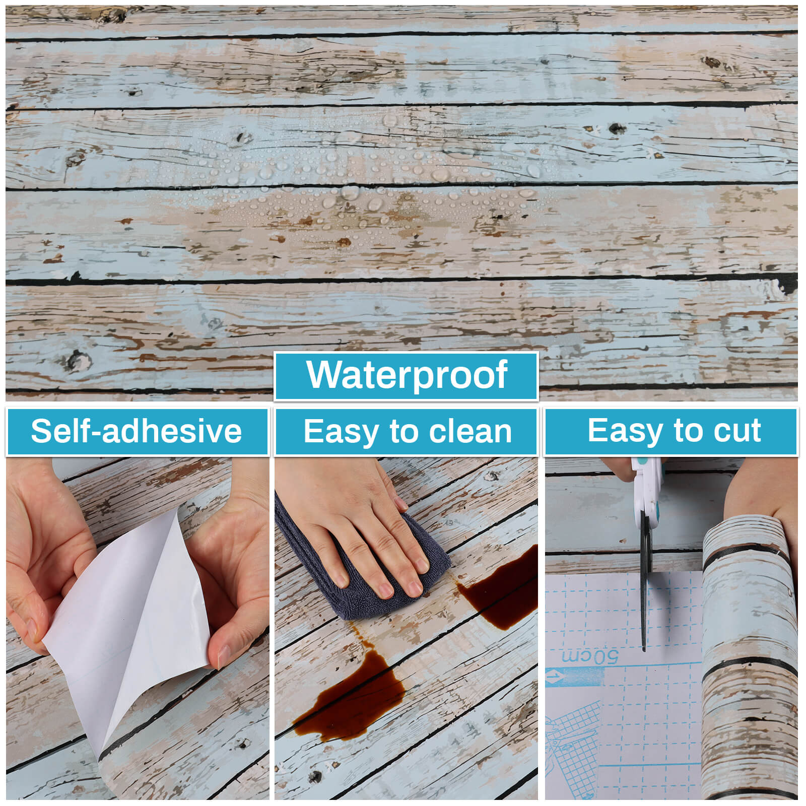     features-eays-to-clean-and-cut-blue-distressed-wood-plank-wallpaper