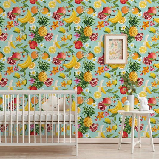    fruits-in-mint-green-background-wall-paper-for-nursery-decor