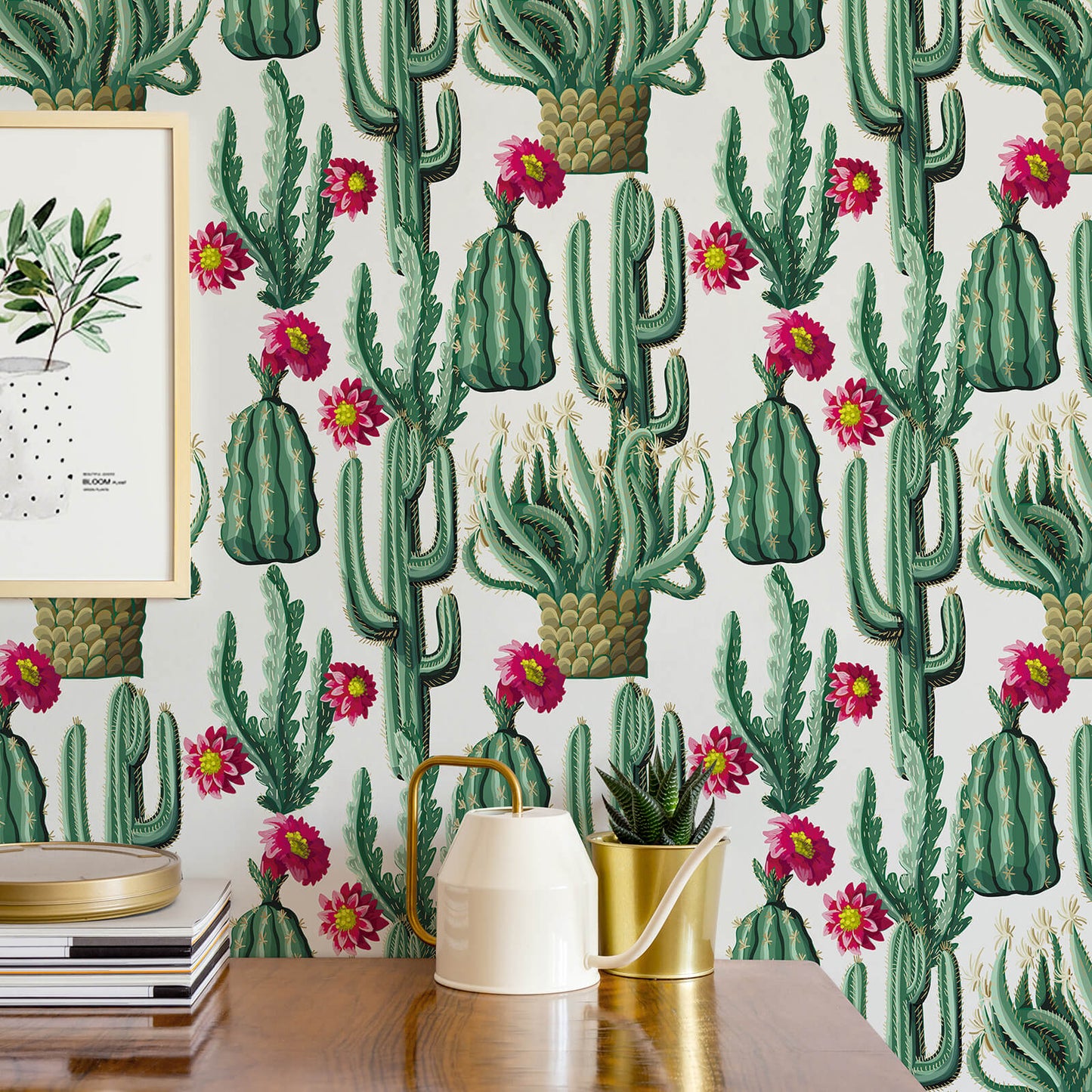     removable-green-cactus-wall-mural-boho-style