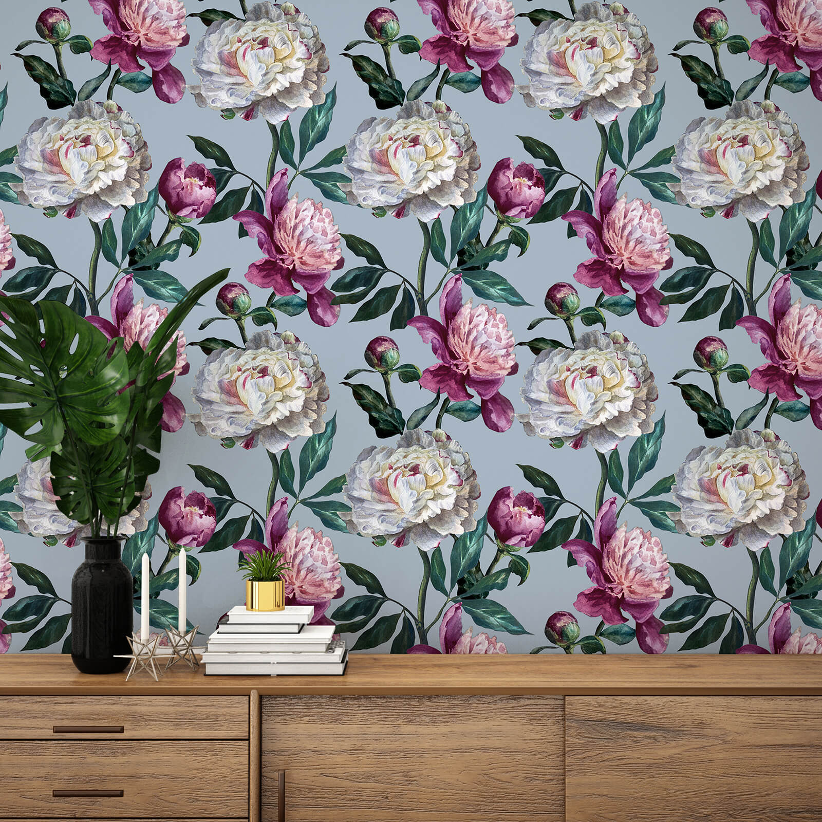    retro-floral-wall-mural-purple-and-white-peony-pattern