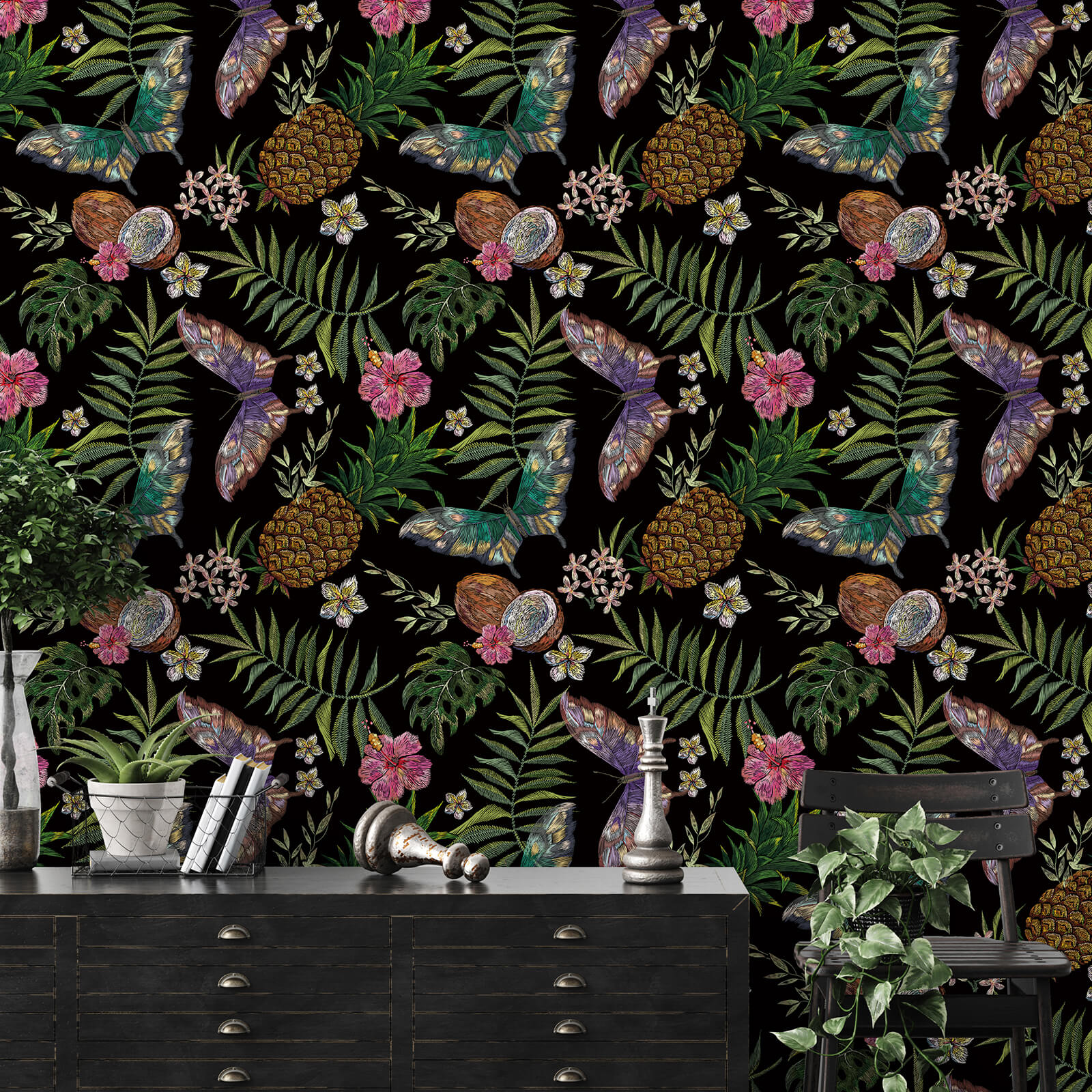    self-adhesive-wall-mural-with-leaf-butterfly-tropical-fruits-in-class-black