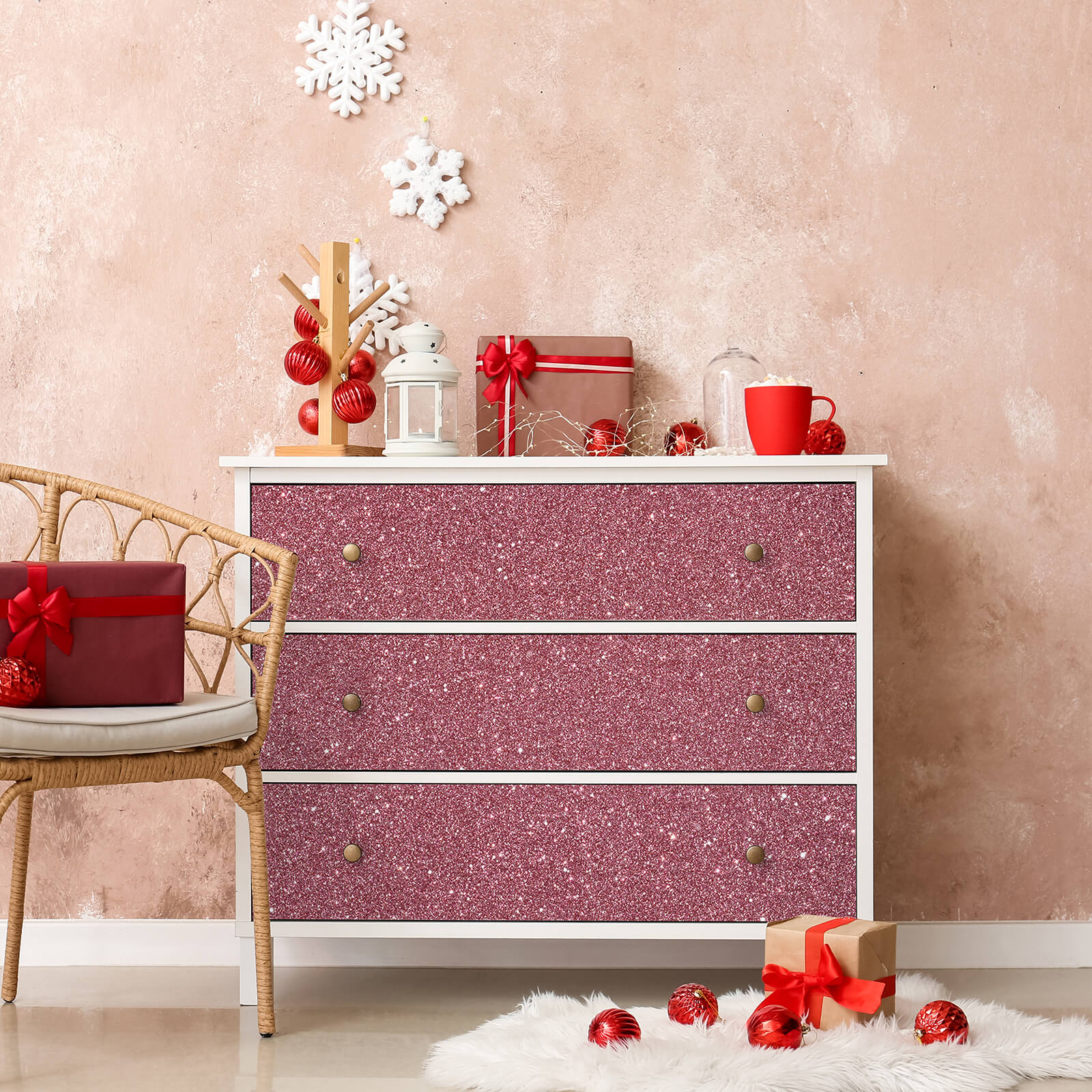 sparkle-pink-fabric-for-cabinets-Christmas-decor