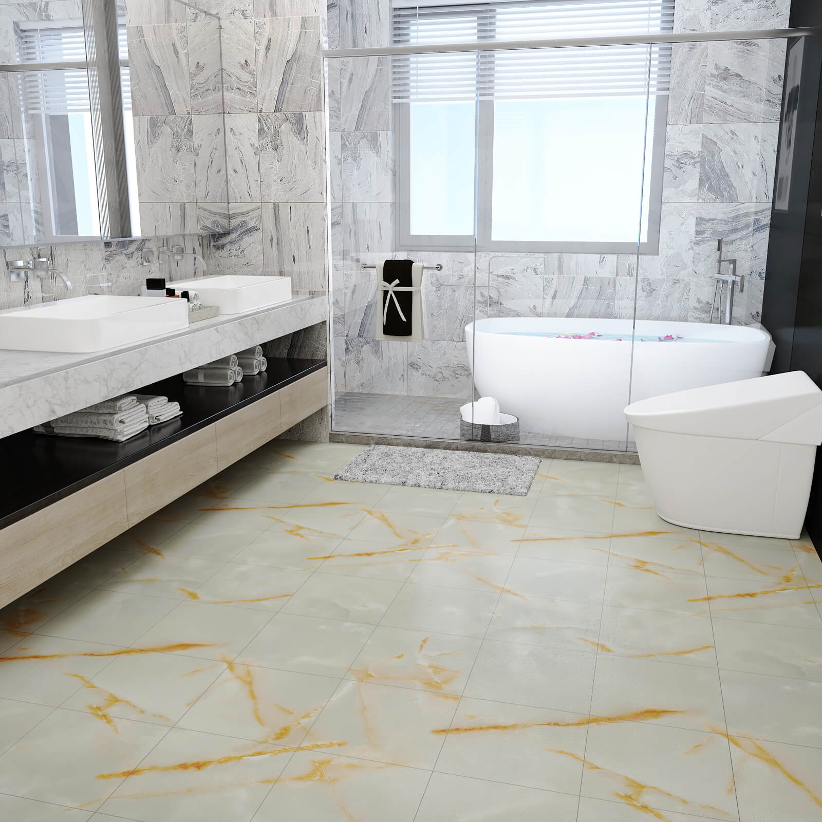     waterproof-cracked-yellow-marble-tile-stick-on-bathroom-floor