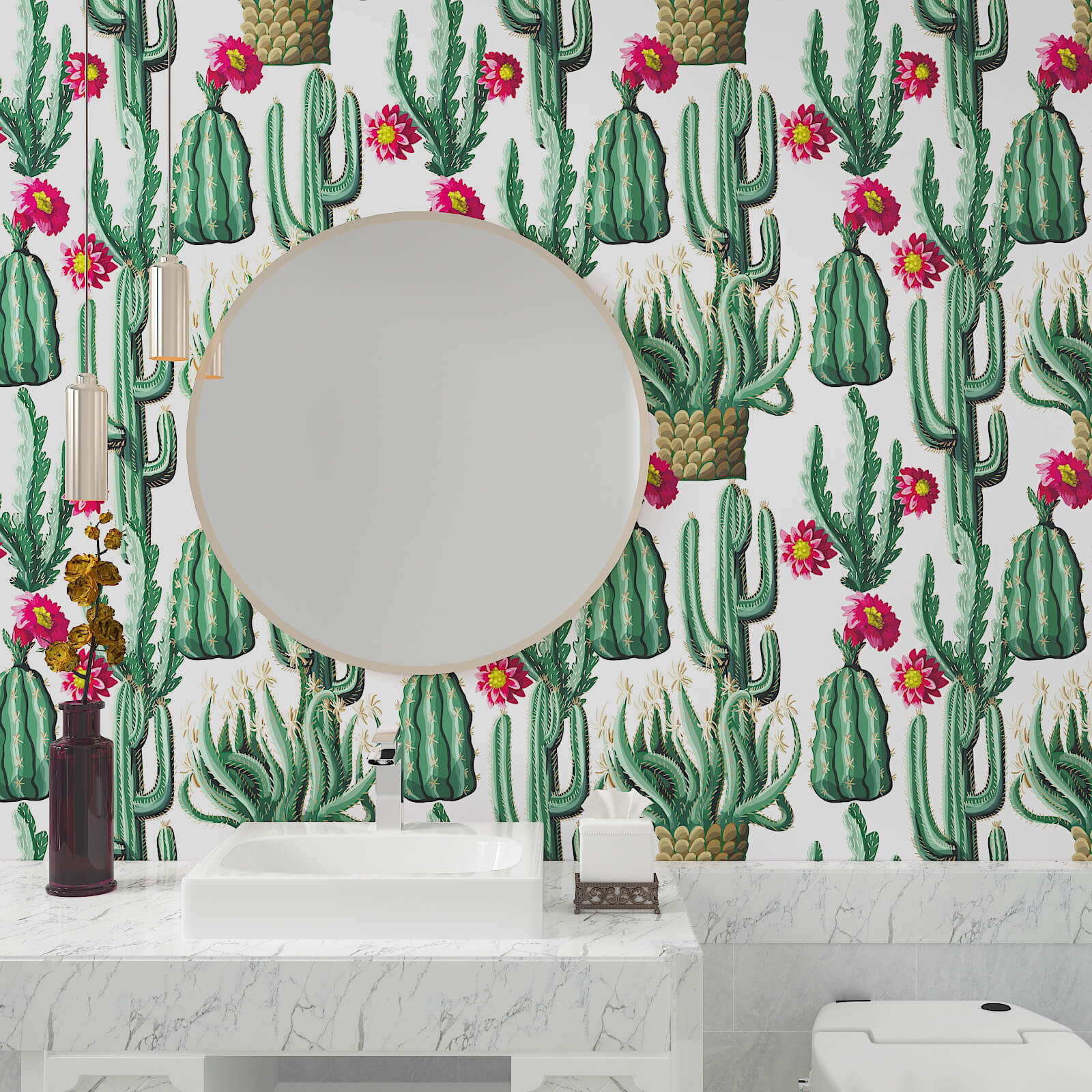    waterproof-wallpaper-for-bathroom-green-cactus-and-red-flowers